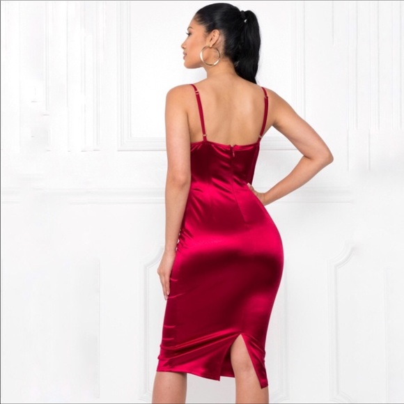 Red Satin Stretch Formal Bodycon Midi Fitted Dress - Picture 3 of 8